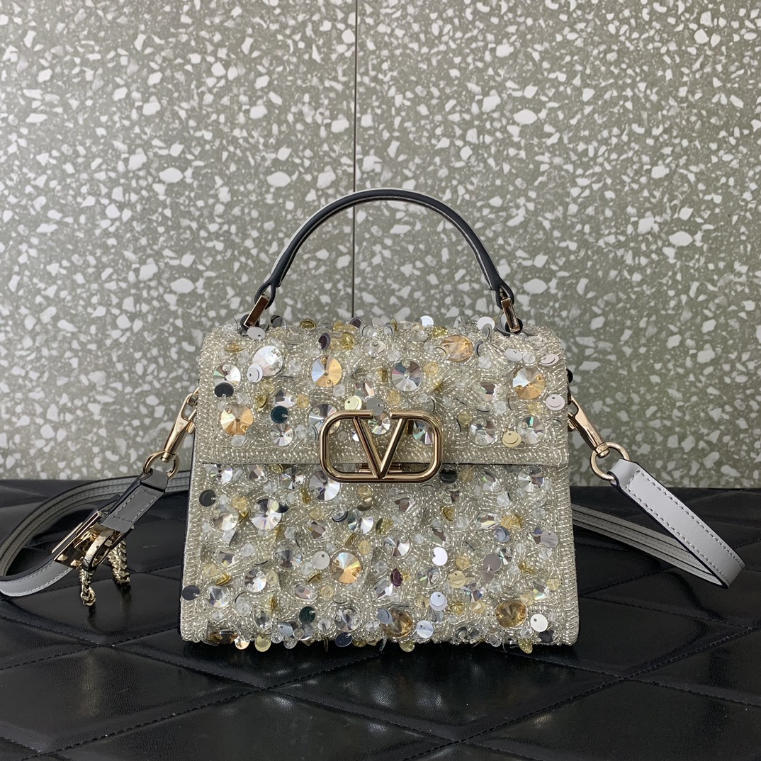 Valentino Garavani Vsling Mini Handbag Entirely Covered in Beige Rhinestones